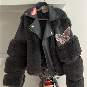 Elegant Charcoal Teddy Jacket with Butterfly Detail